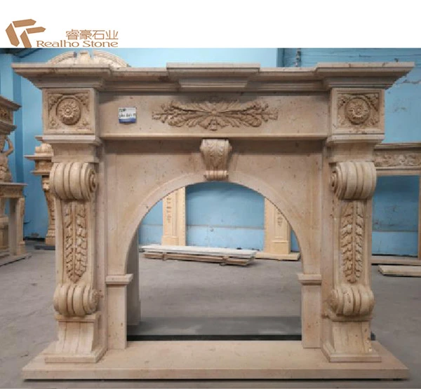 beige limestone marble fireplace